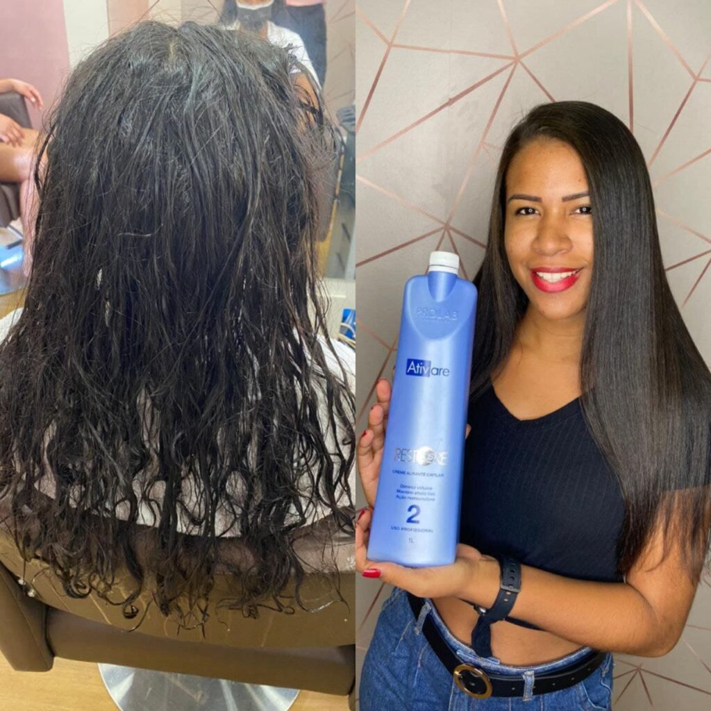 Cabelo liso, brilhante e saudável após procedimento de realinhamento capilar sem formol com Restore Plus no salão Constance Lizz.